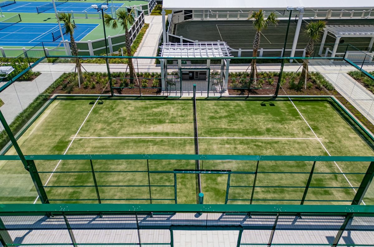 Aerial view of a panoramic glass padel court at The Breakers, Palm Beach